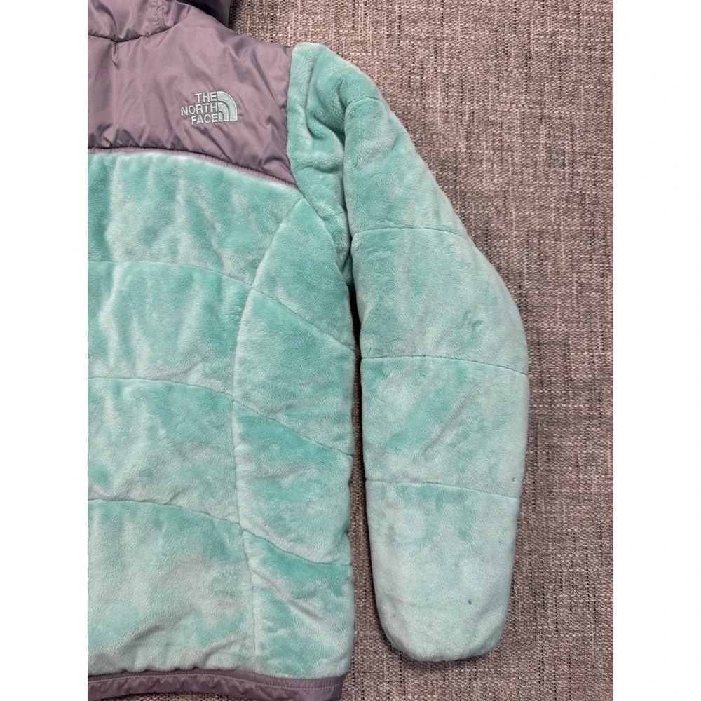 North Face Jacket Girls XL‎ Green Fuzzy Reversible Hooded Colorblock Windbreaker